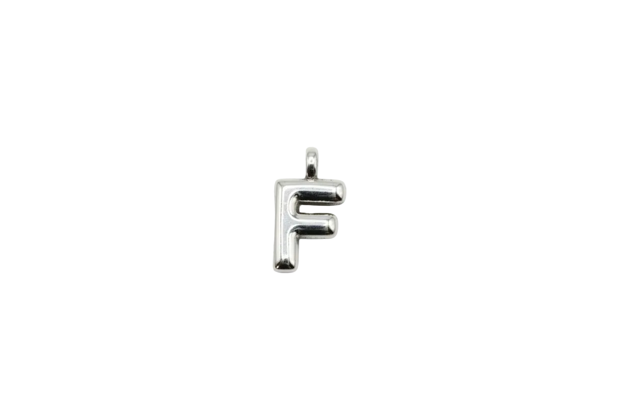 Puffed silver letter F initial with glossy finish