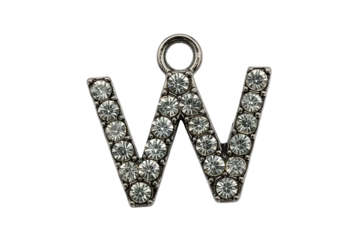 Silver pavé crystal letter W with clear faceted stones on a black background