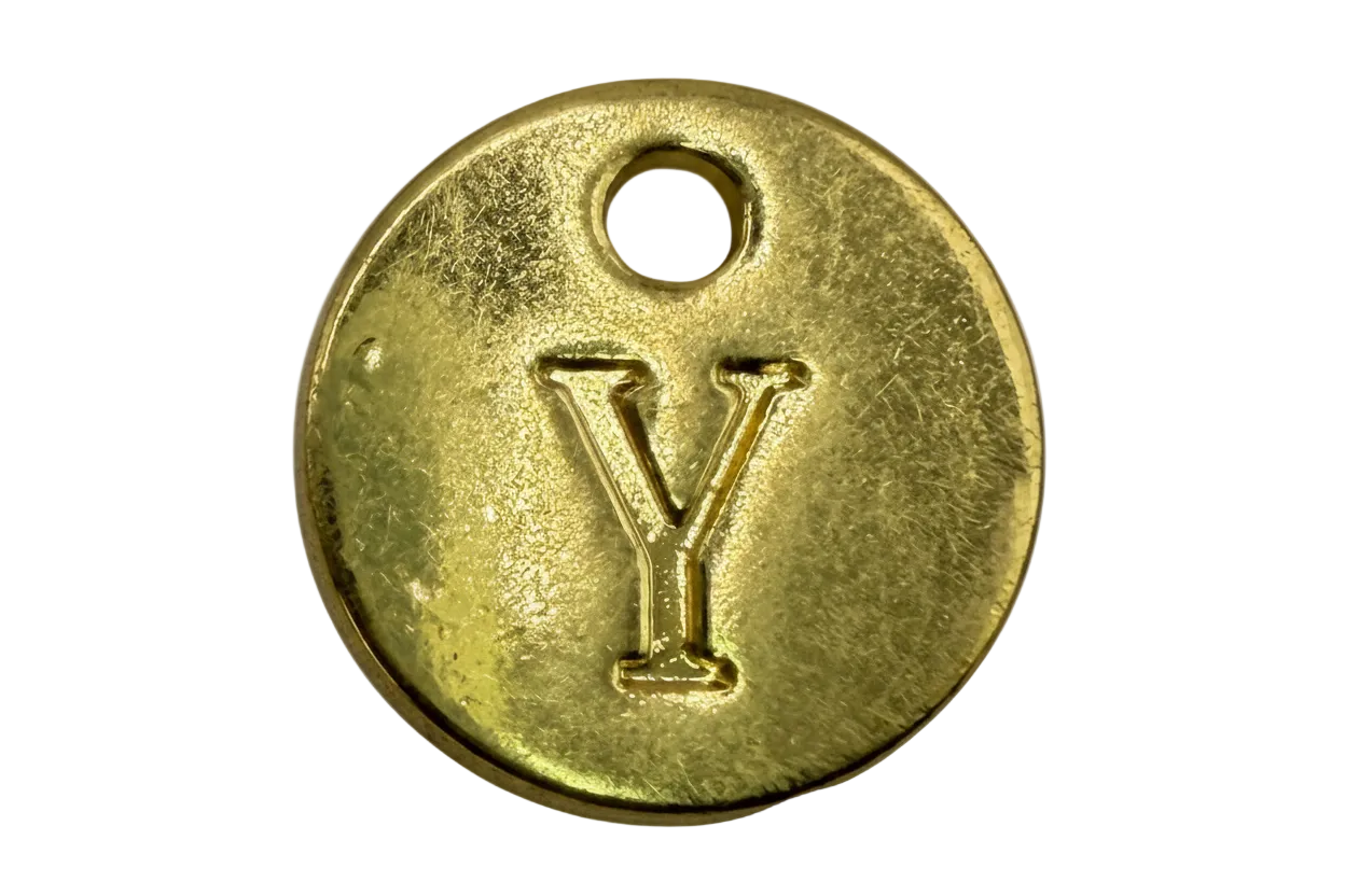 Round gold initial coin with raised letter Y and brushed finish