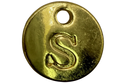 Polished gold coin disc with embossed letter S and small top hole