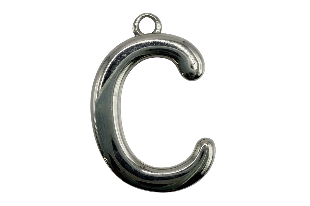 Polished silver letter C initial charm with smooth rounded edges