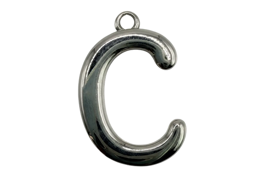 Polished silver letter C initial charm with smooth rounded edges