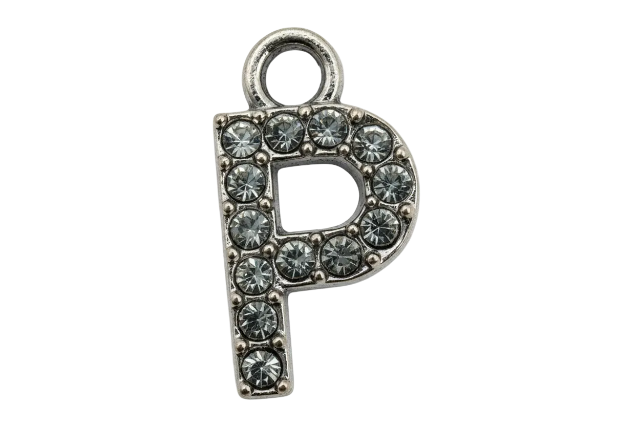 Silver-tone letter P initial charm outlined with clear faceted crystals