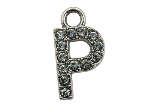 Silver-tone letter P initial charm outlined with clear faceted crystals