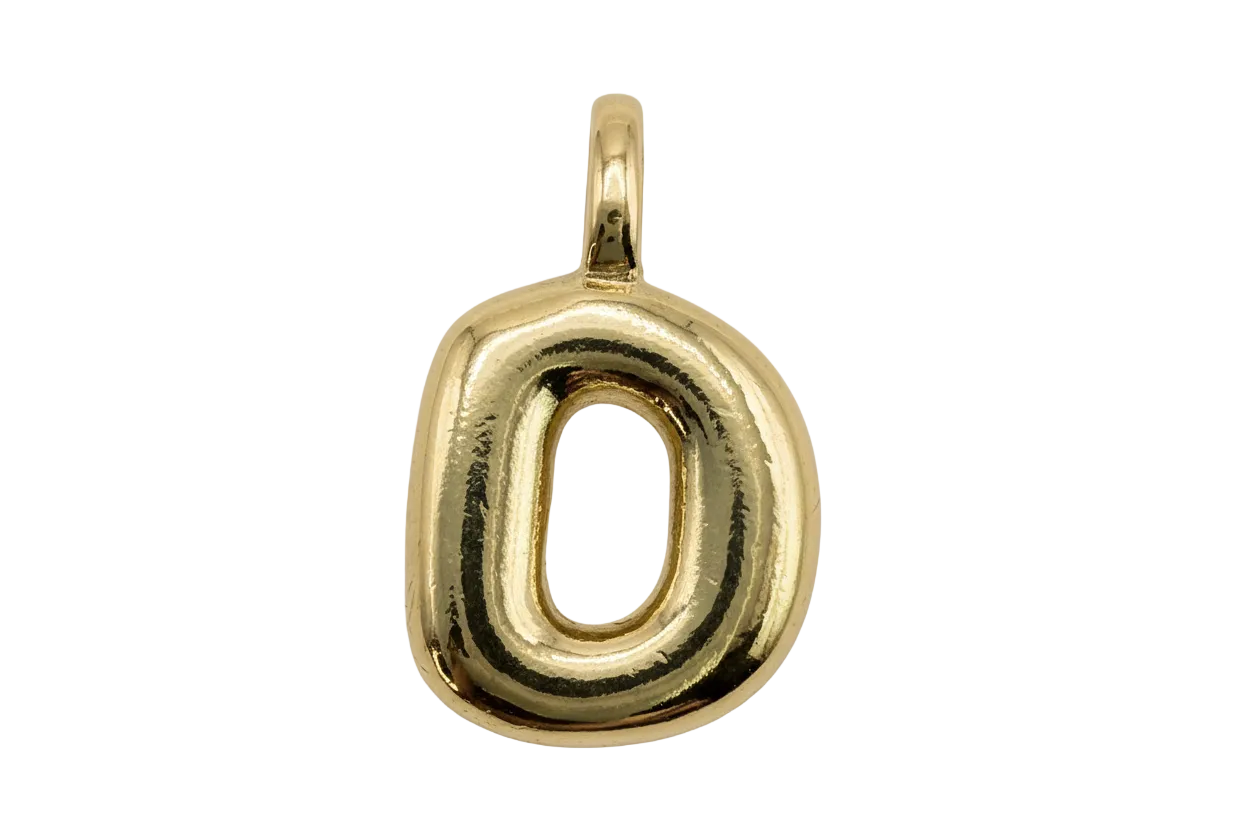 High-polish gold puffy initial O letter charm with rounded square shape on black background