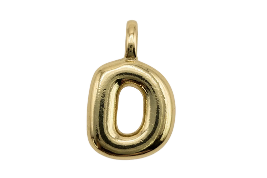 High-polish gold puffy initial O letter charm with rounded square shape on black background