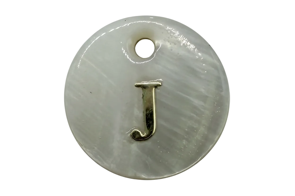 Iridescent mother-of-pearl round disc with polished gold letter J