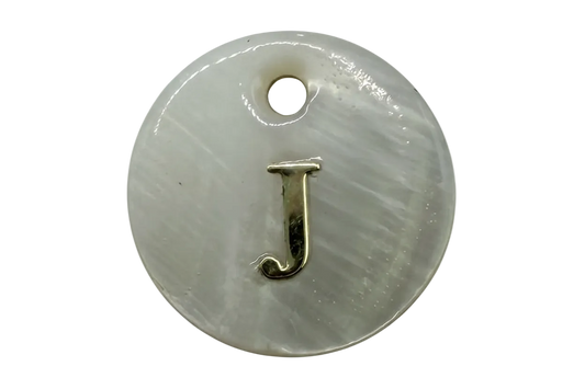 Iridescent mother-of-pearl round disc with polished gold letter J
