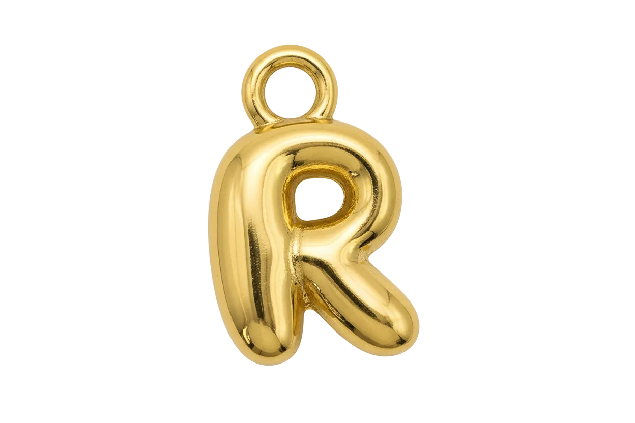 Glossy gold puffy letter R charm with balloon-style rounded shape