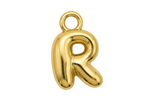 Glossy gold puffy letter R charm with balloon-style rounded shape