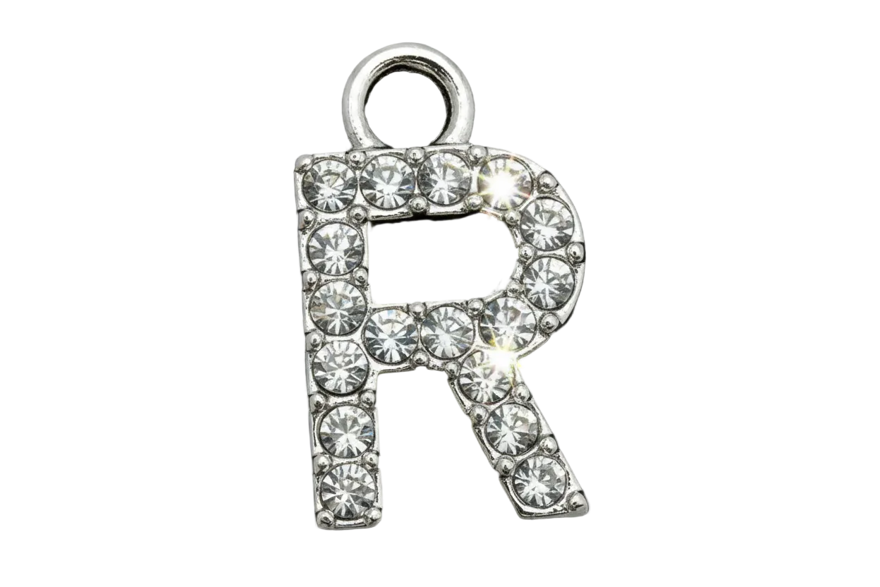 Silver pavé letter R with clear crystal stones