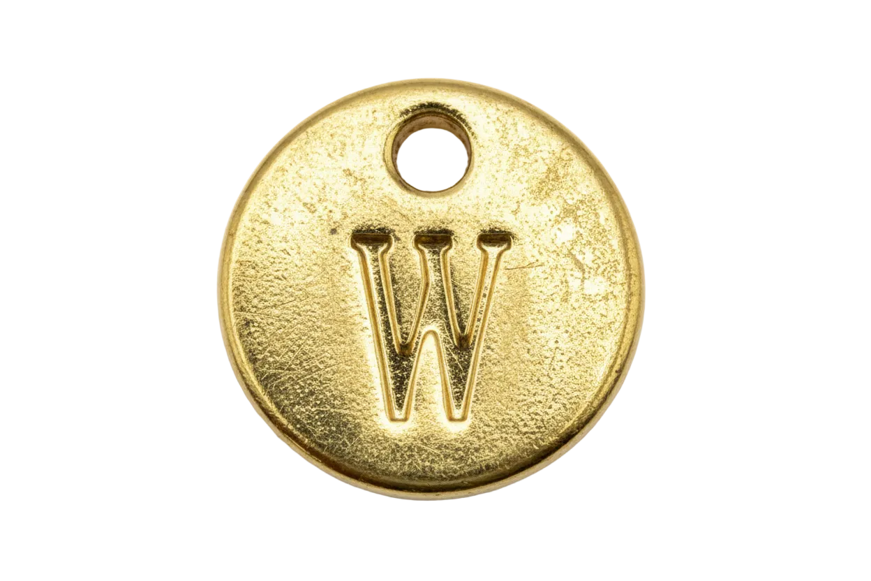 Round gold disc charm with engraved letter W
