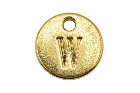 Round gold disc charm with engraved letter W