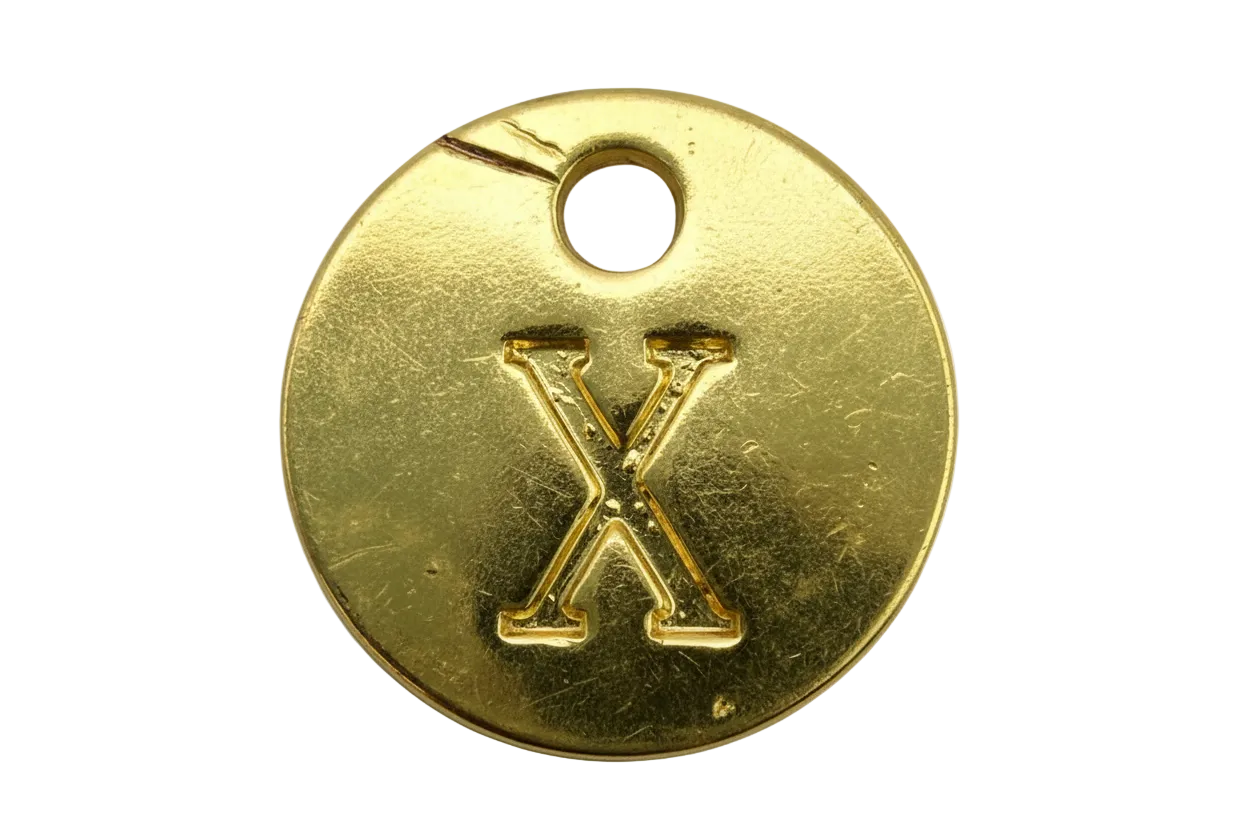 Polished gold round disc with raised X initial