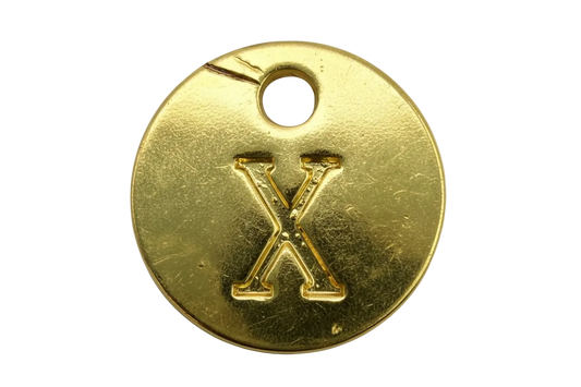 Polished gold round disc with raised X initial