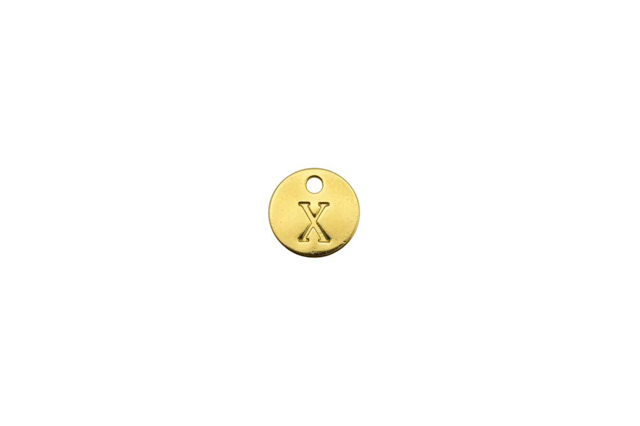 Gold disc with raised X initial