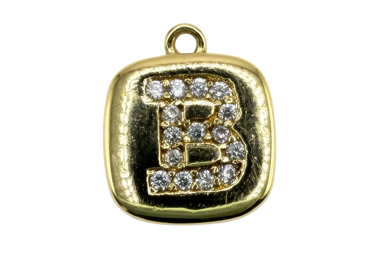 Gold rounded-square initial B tile with pavé clear crystals