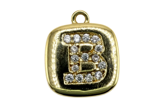 Gold rounded-square initial B tile with pavé clear crystals