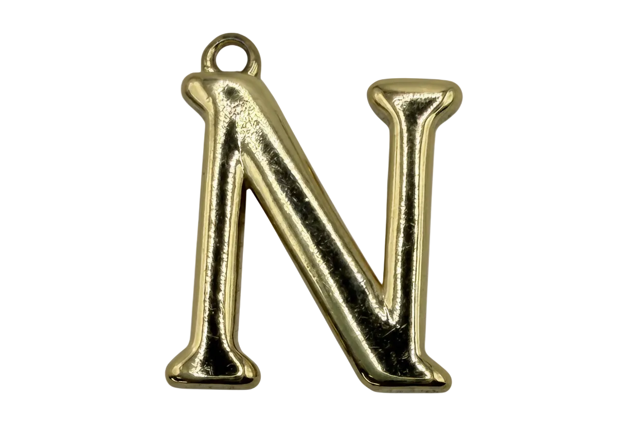 Polished gold letter N initial with rounded edges, front view