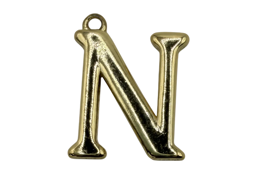 Polished gold letter N initial with rounded edges, front view