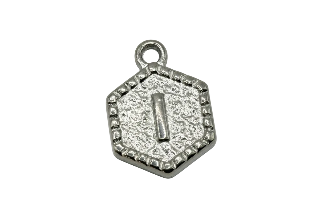 Textured silver hexagon tag with raised initial letter I and antiqued border