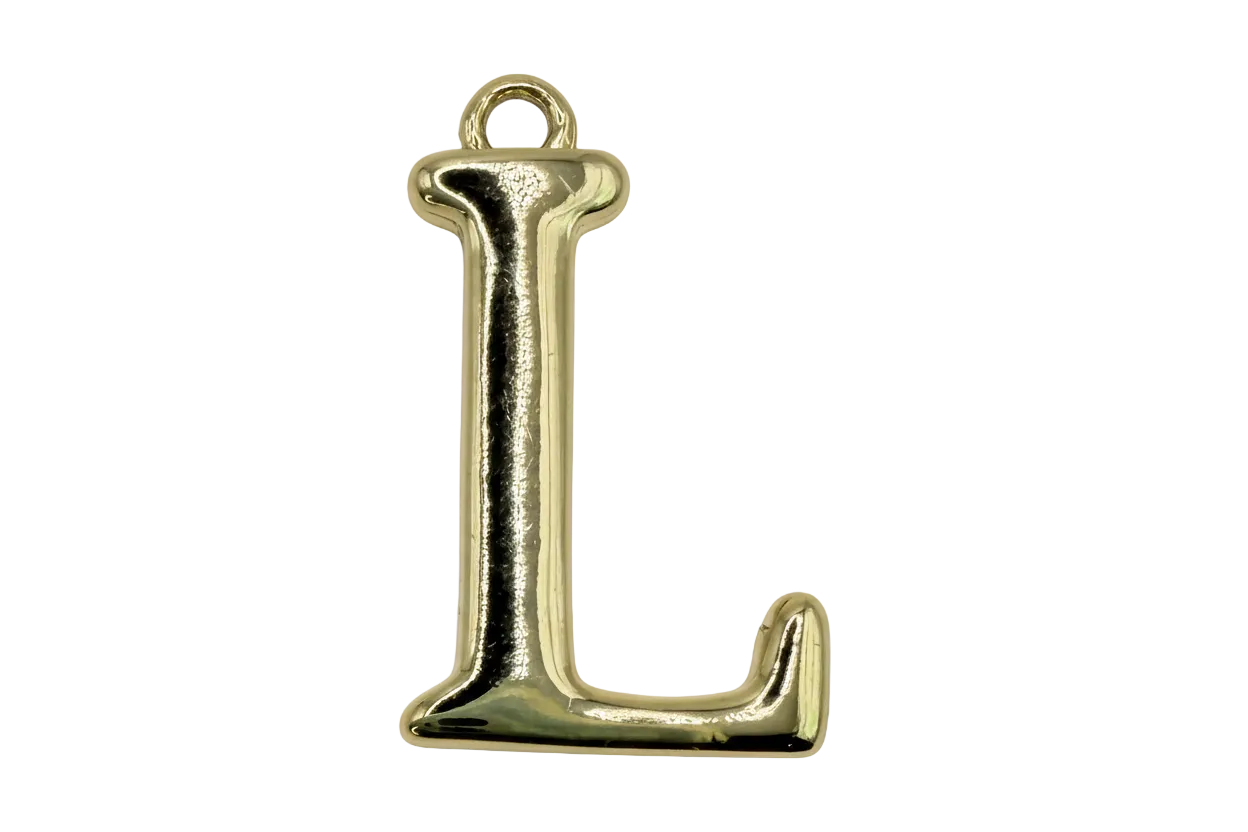 Glossy gold letter L initial charm with rounded edges