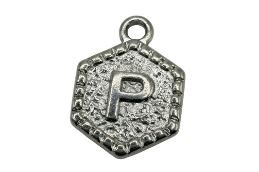 Textured silver octagon coin with raised letter P and beaded border
