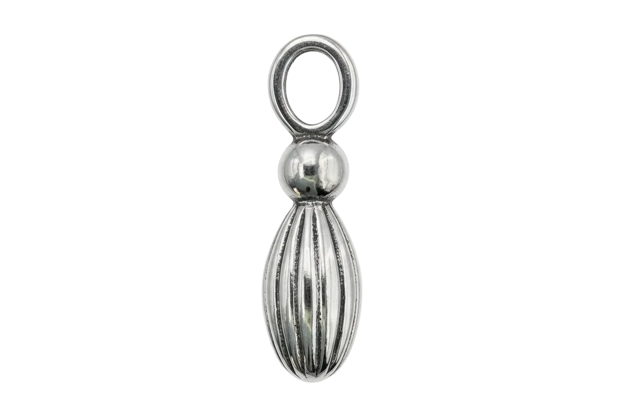 Polished silver double-bead charm with a sleek, reflective finish on a black background