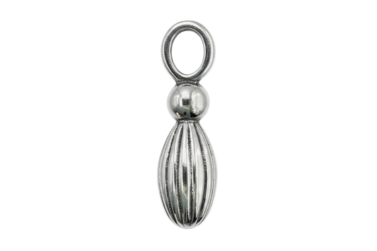 Polished silver double-bead charm with a sleek, reflective finish on a black background