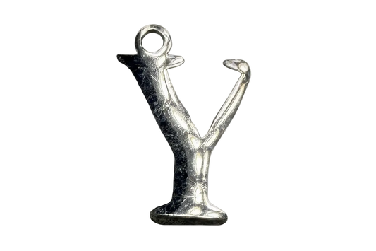 Polished silver letter Y charm with a round cutout at the top