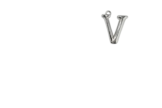 Polished silver letter V charm on black background