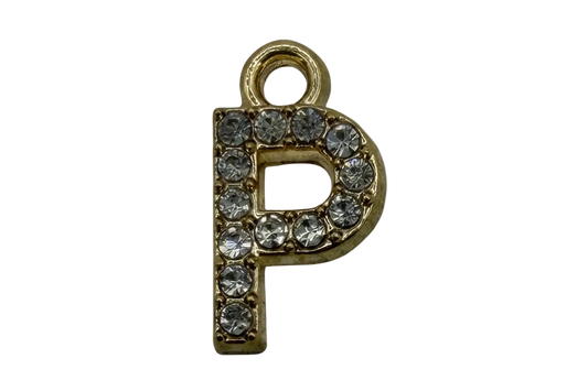 Gold letter P initial charm with clear pavé crystals
