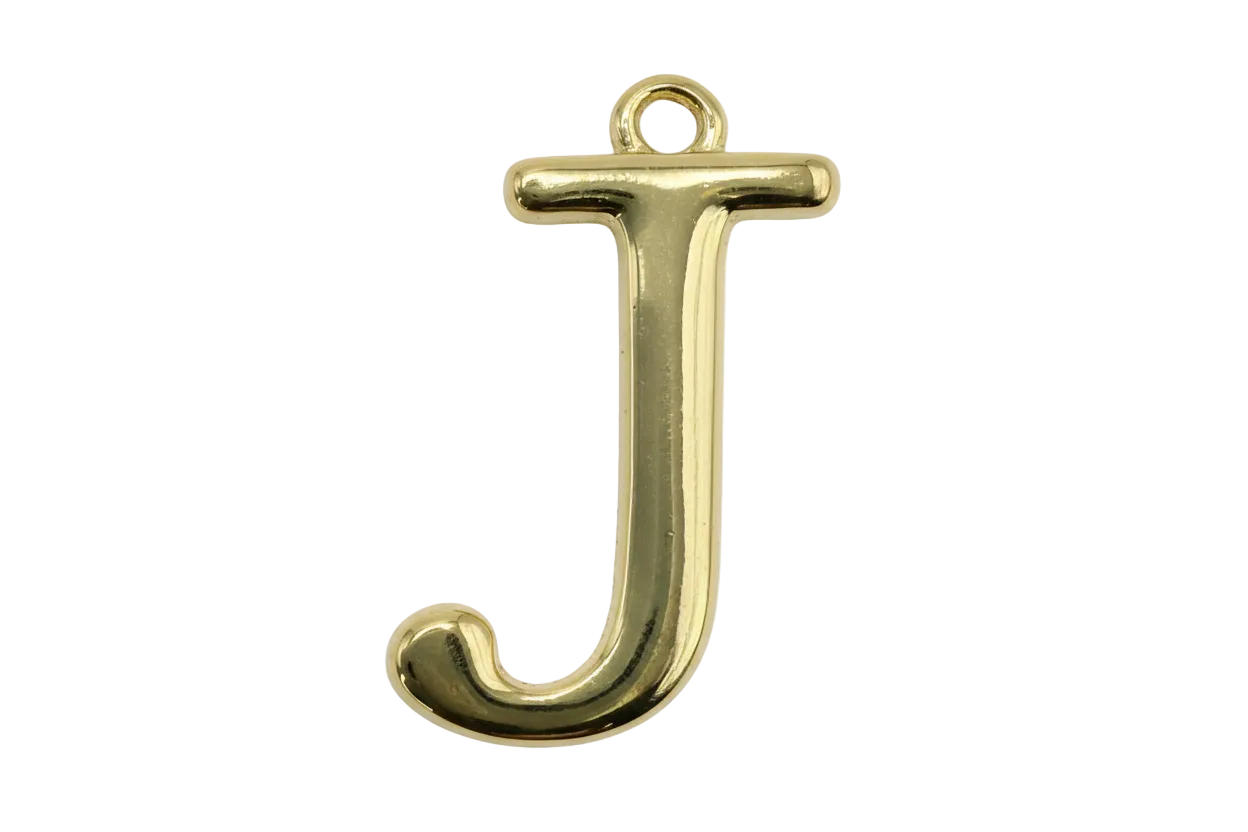 Polished gold initial J letter charm with rounded serif shape on black background