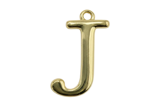 Polished gold initial J letter charm with rounded serif shape on black background