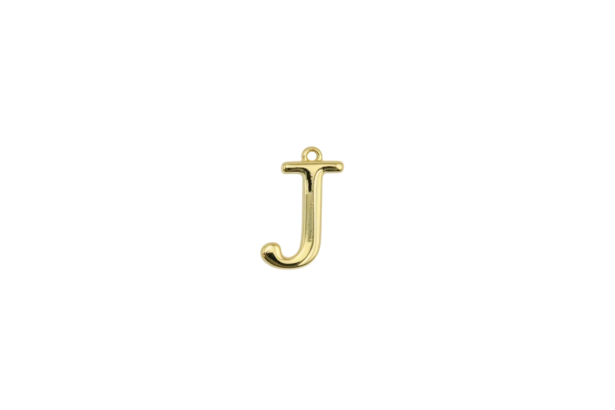 Polished gold initial J letter charm on black background