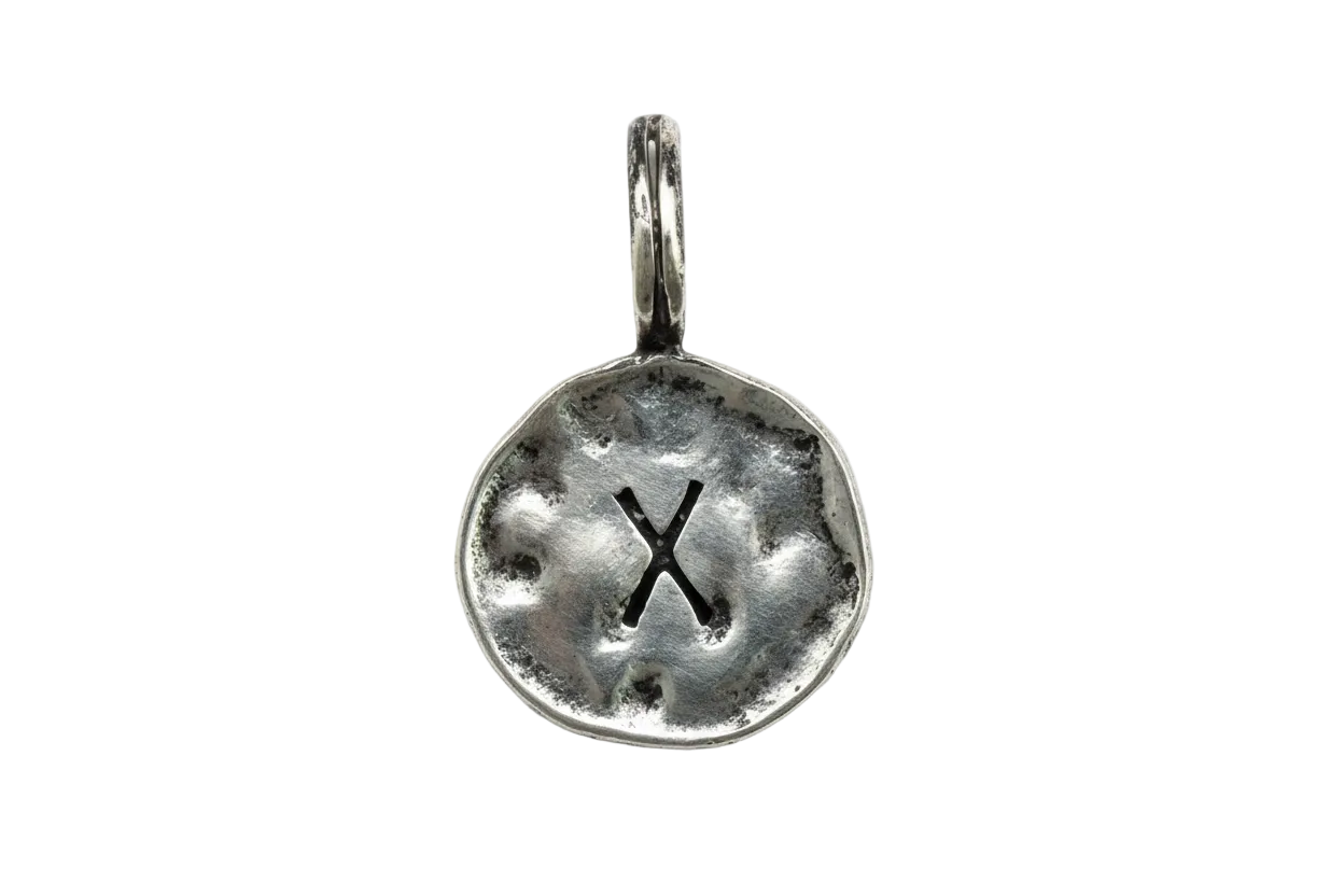 Antiqued silver round coin disc with cutout letter X