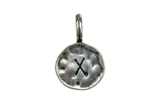 Antiqued silver round coin disc with cutout letter X