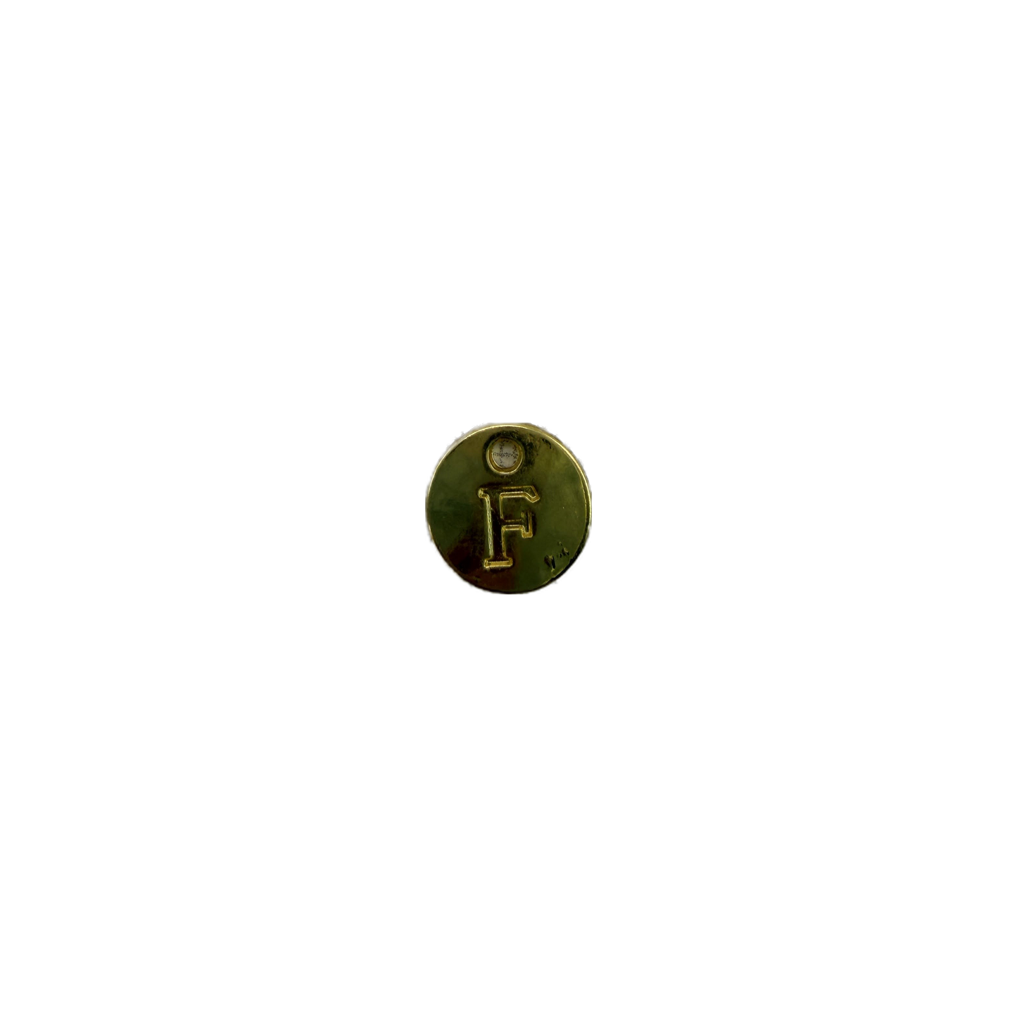 Gold round disc with raised letter F