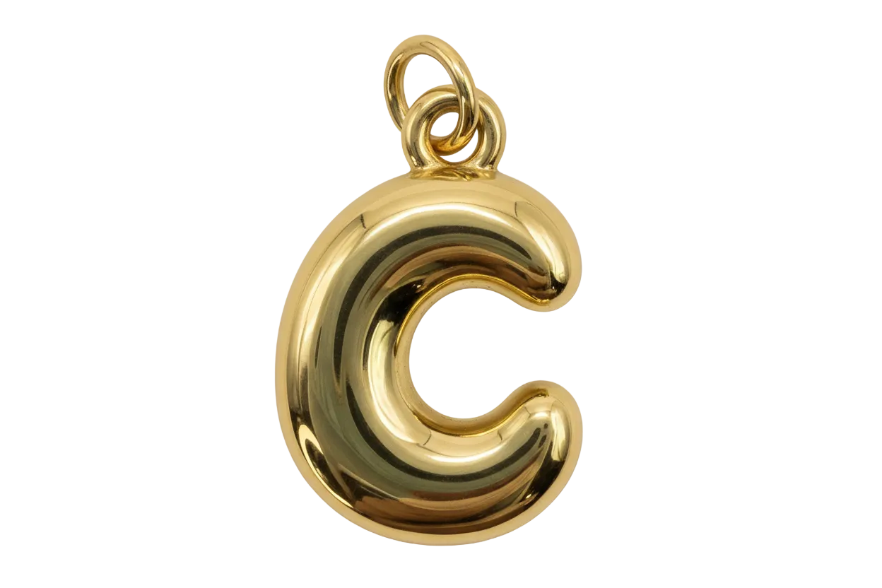 High-polish gold letter C pendant with a rounded, puffy silhouette