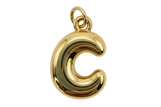High-polish gold letter C pendant with a rounded, puffy silhouette