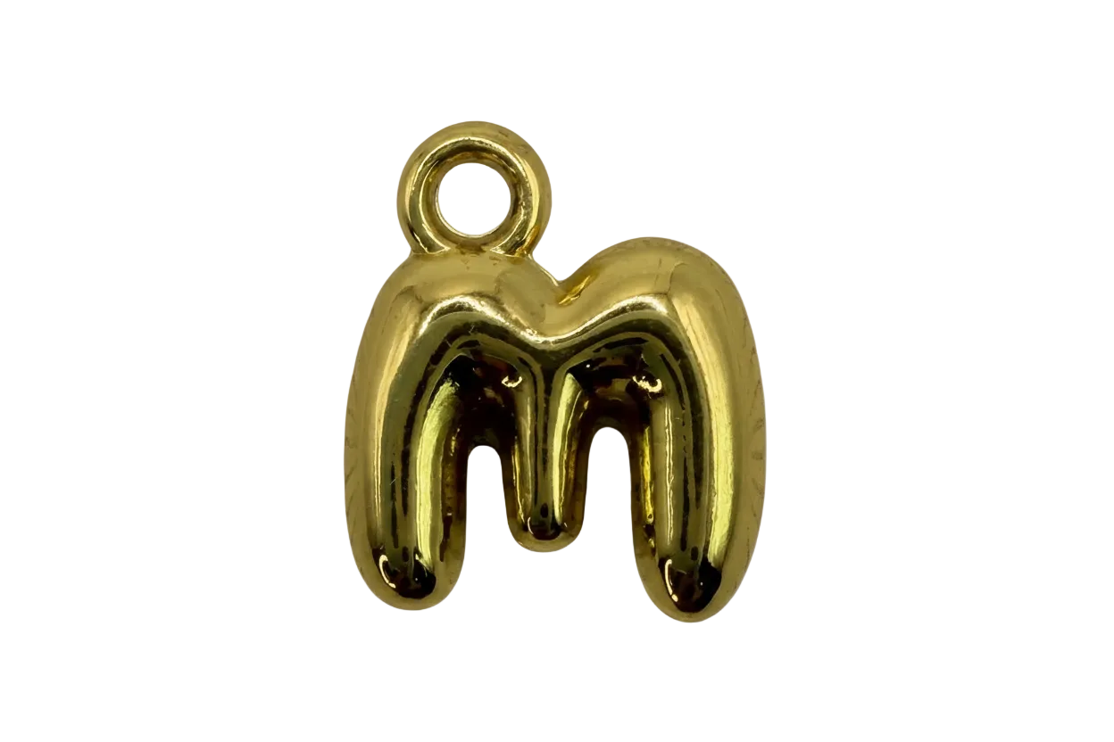 High-polish gold lowercase letter m initial with rounded, sculpted form