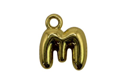 High-polish gold lowercase letter m initial with rounded, sculpted form