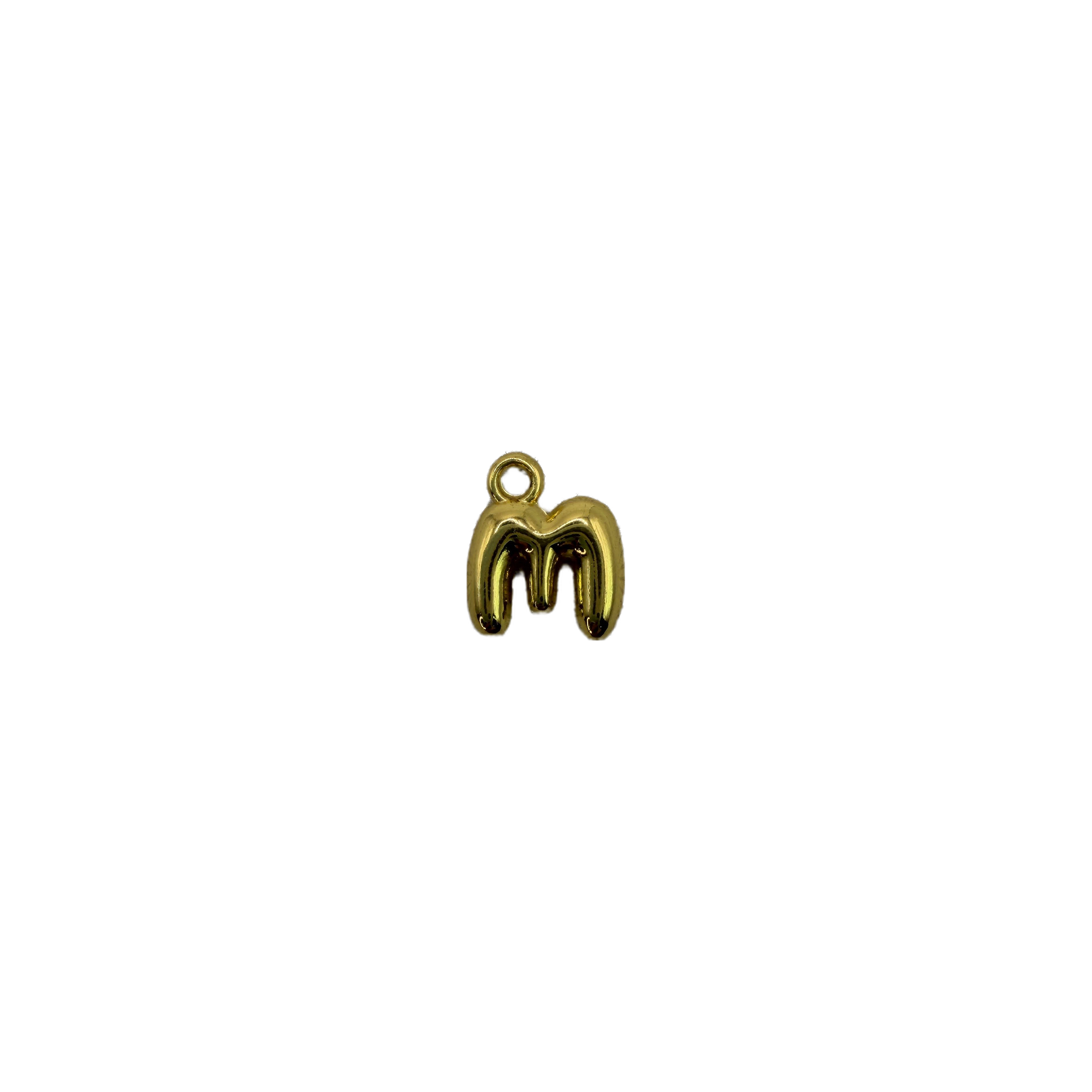 Gold lowercase letter m initial, high-polish finish