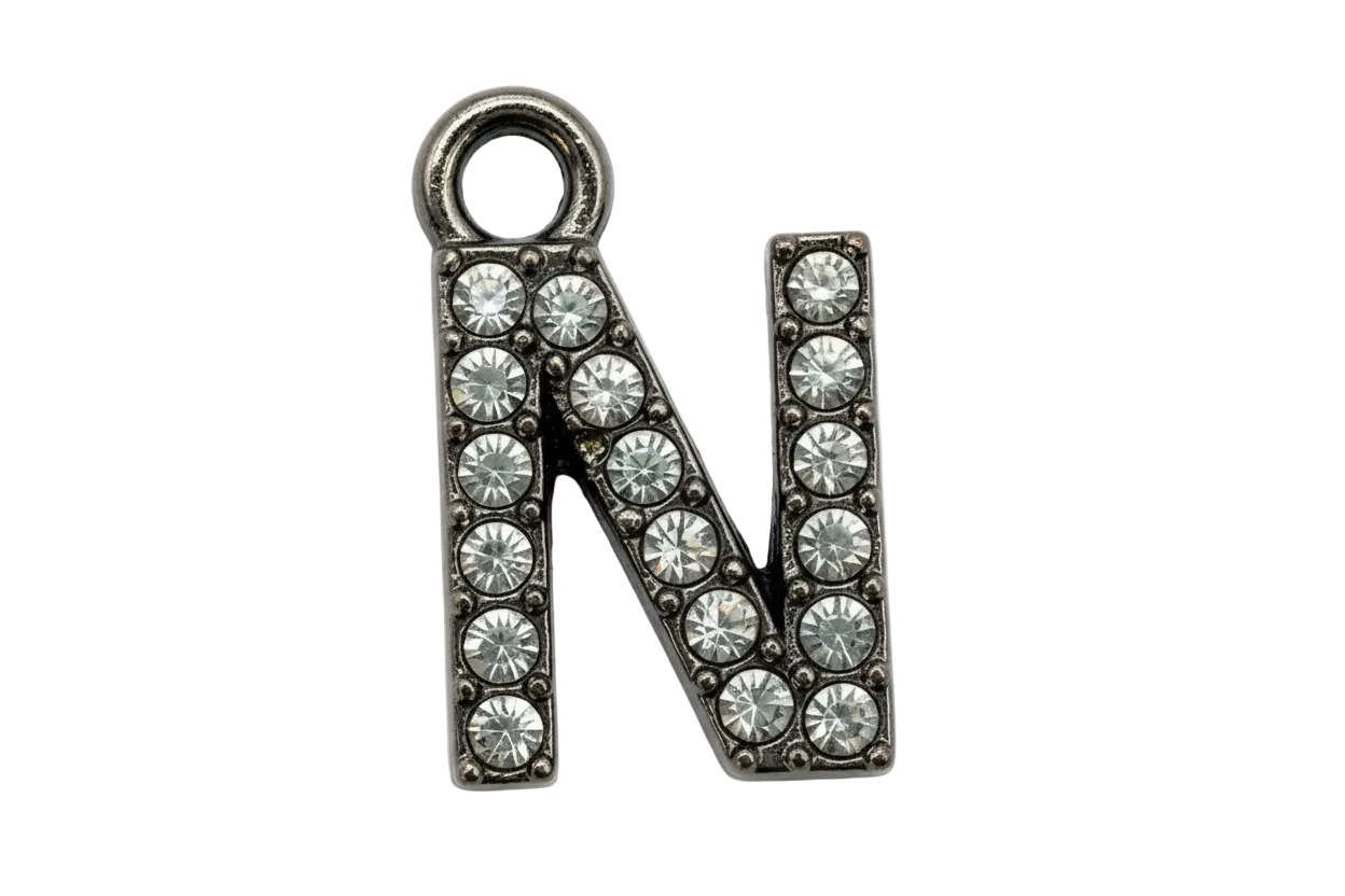 Silver initial N charm with clear pavé crystals and oxidized detailing