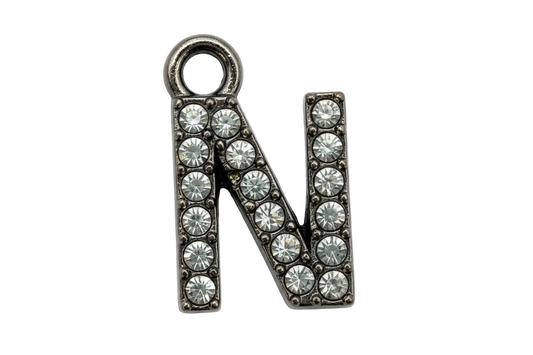 Silver initial N charm with clear pavé crystals and oxidized detailing