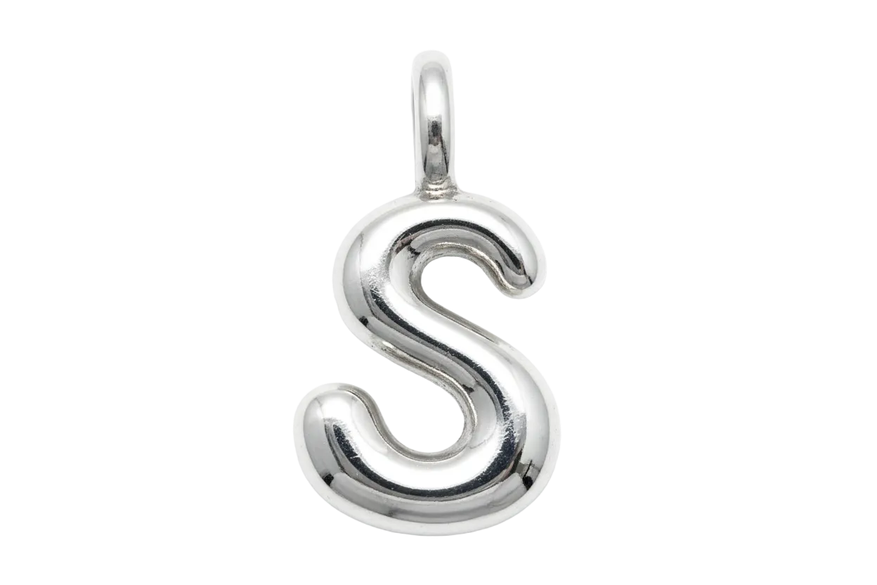 High-polish silver letter S initial charm with smooth sculpted curves