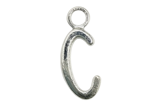 Polished silver-tone script letter C with rounded contours on a black background