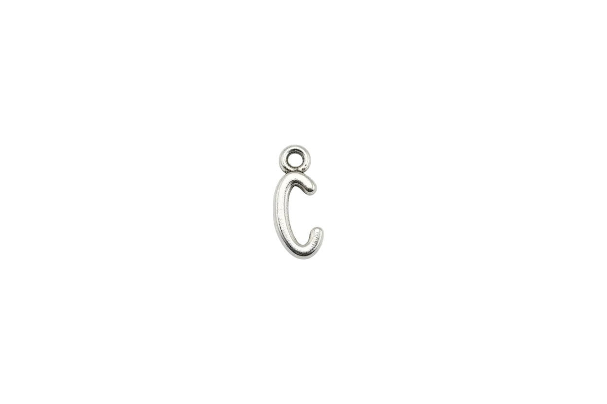 Silver-tone script letter C on black background