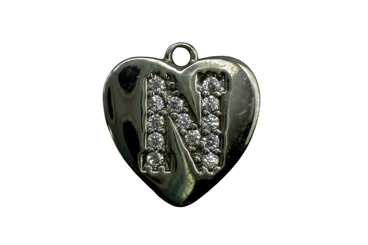Polished silver heart with pavé letter N in clear crystal stones