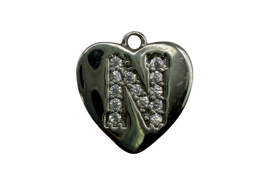 Polished silver heart with pavé letter N in clear crystal stones